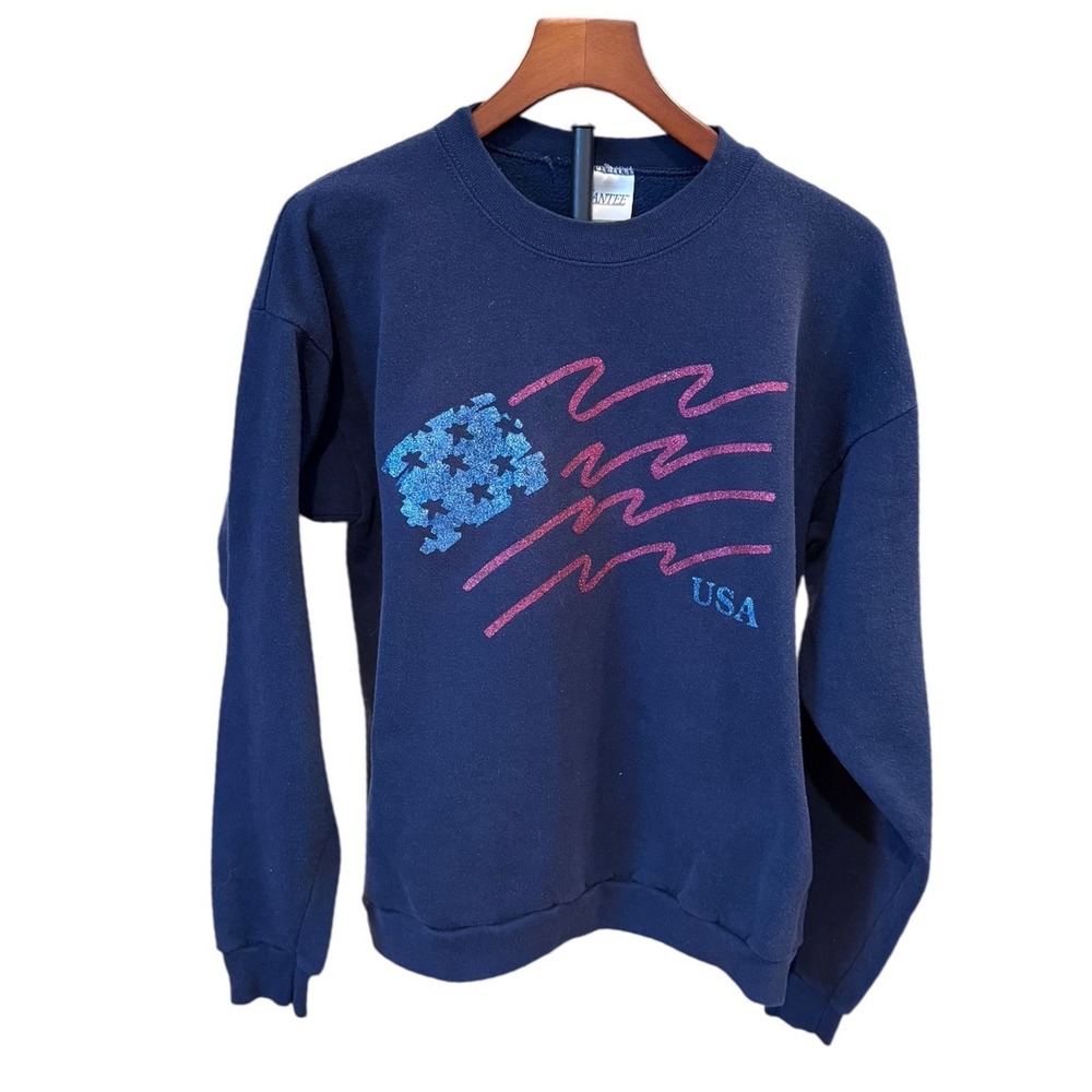 Vintage Santee USA Flag Sweatshirt Navy Blue Glitter Pullover patriotic L fits M